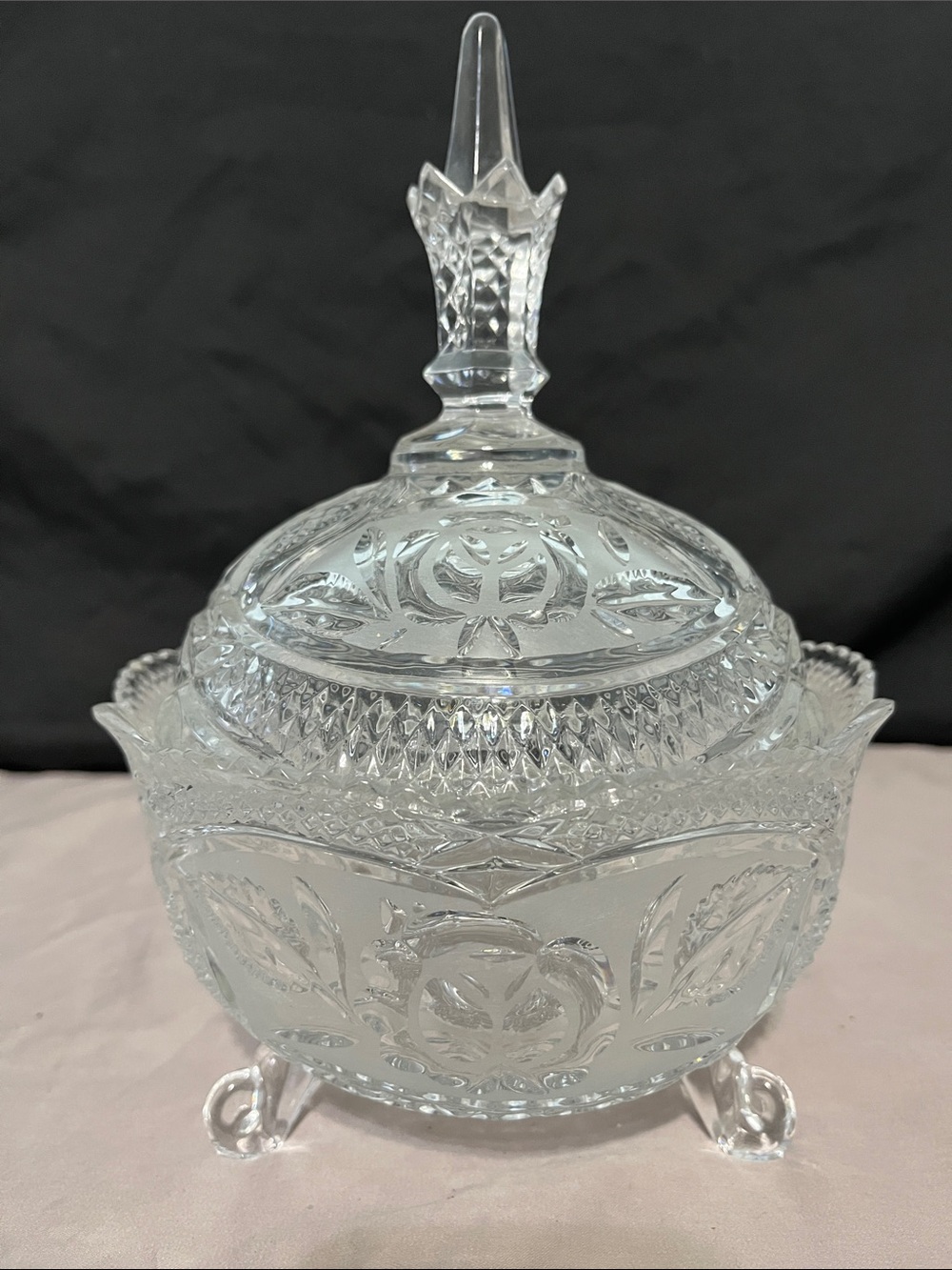 Crystal Bowl With Lid Candy Dish Elegant Rose Etching 3 Footed